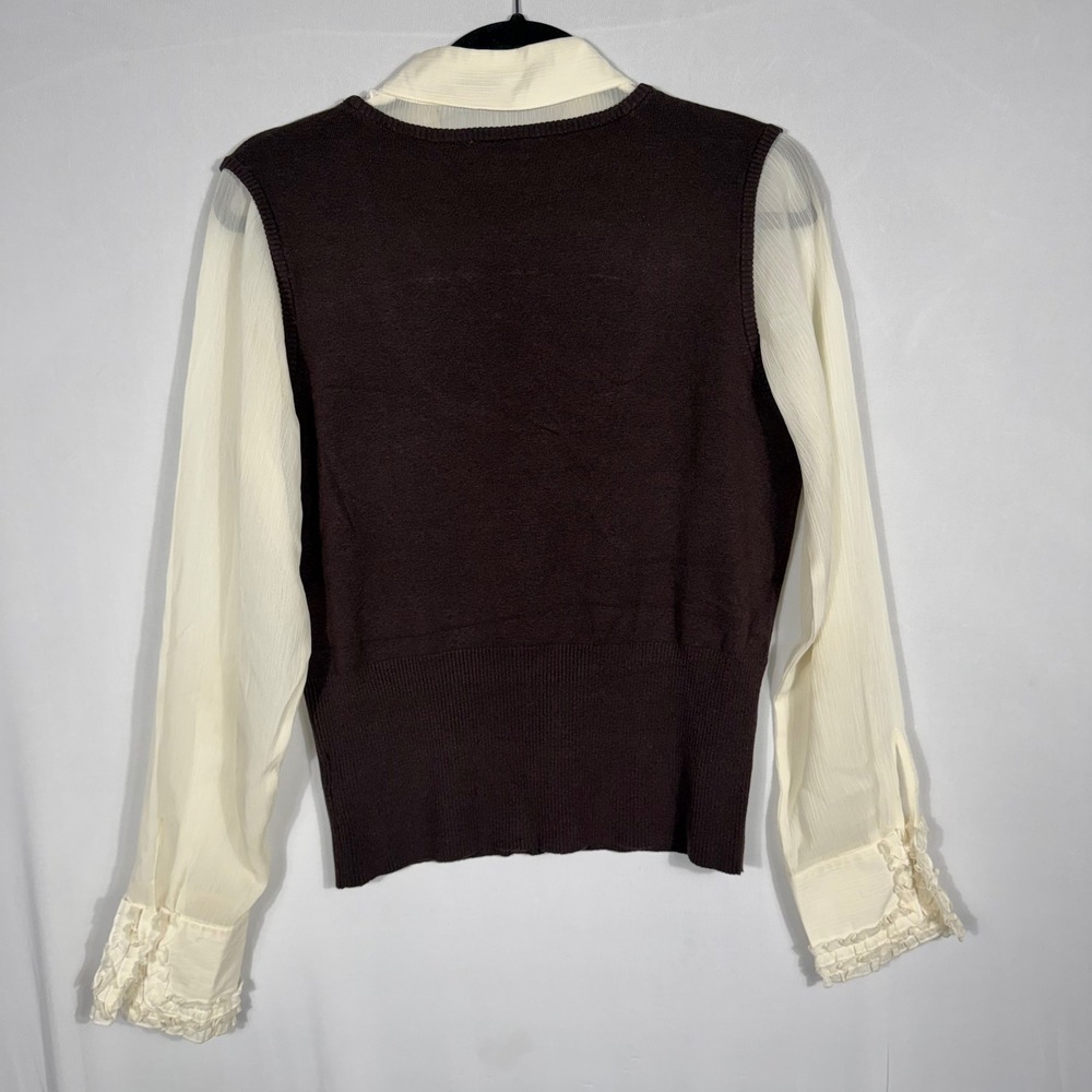 Vtg Y2K George 2-in-1 Sweater Vest Blouse M/L Silk Blend Brown Cream Ruffles EUC - Picture 3 of 7